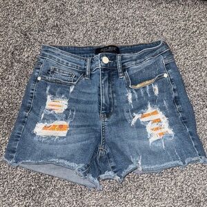 Judy Blue Women's Ripped Jean Shorts - Blue and Orange Accents
